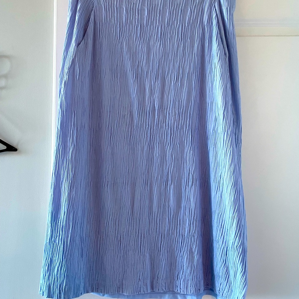 MM.LaFleur Willoughby Midi Skirt 10 Blue Chambray Straight Pleats pockets